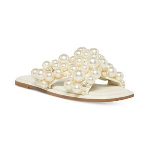Steve Madden Duri White Faux Pearl Embellished Vegan Leather Slip On Sandals 8.5